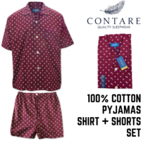 CONTARE Mens 100% Cotton Pyjama Set Top + Bottom PJ PJs Sleepwear - Burgundy Fleur
