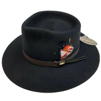 SCALA Handmade 100% Wool Felt Wide Brim Hat Warm Winter Classic Feather - Black
