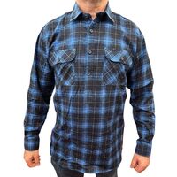 Mens Flannelette Long Sleeve Pullover Shirt 100% Cotton Flannel - Half Placket - Blue