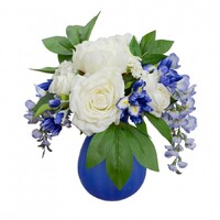 32cm Rose Peony & Wisteria Arrangement in Glass Artificial Flower Plant - Blue