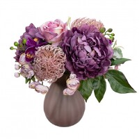 32cm Rose Peony & Wisteria Arrangement in Glass Artificial Flower Plant - Purple