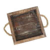 Wooden Antique Design Square Tray Home Restaurant Decor w/ Rope Handles