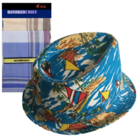 5pc Set Mens 100% Cotton Handkerchief + Hawaiian Hat Trilby Fedora Summer Cap