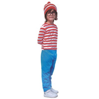 Kids Wheres Wally COSTUME FULL SET Party Hat Shirt Top Pants Boys Book Week