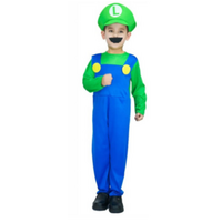 Kids Luigi Costume Bros Jumpsuit Fancy Dress Cosplay Book Week Dress Up