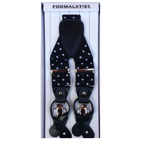 Mens Premium Convertible Suspenders Braces Clip On Elastic Y-Back Traditional Leather Tab - Polka Black/White