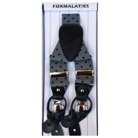 Mens Premium Convertible Suspenders Braces Clip On Elastic Y-Back Traditional Leather Tab - Polka Grey/Black