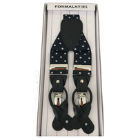 Mens Premium Convertible Suspenders Braces Clip On Elastic Y-Back Traditional Leather Tab - Polka Navy/White