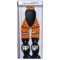 Mens Premium Convertible Suspenders Braces Clip On Elastic Y-Back Traditional Leather Tab - Polka Orange/Black