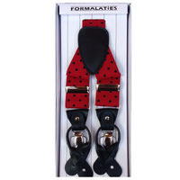 Mens Premium Convertible Suspenders Braces Clip On Elastic Y-Back Traditional Leather Tab - Polka Red/Black