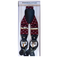 Mens Premium Convertible Suspenders Braces Clip On Elastic Y-Back Traditional Leather Tab - Polka Wine/White