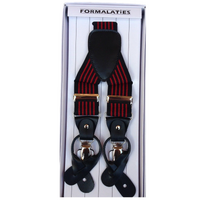 Mens Premium Convertible Suspenders Braces Clip On Elastic Y-Back Traditional Leather Tab - Stripe Black/Red