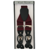 Mens Premium Convertible Suspenders Braces Clip On Elastic Y-Back Traditional Leather Tab - Wine