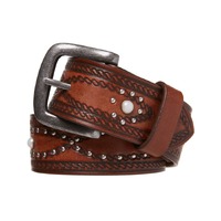 Mens Studded Genuine Buffalo Leather Belt Dual Size - Brown