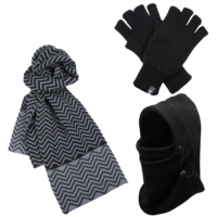 3pc Set Men's Black Thermal Face Mask Knitted Scarf Thinsulate Fingerless Gloves