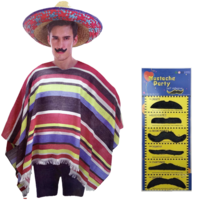 3pc Set Men's Mexican Poncho + Sombrero + Moustache Spanish Cowboy Costume Party