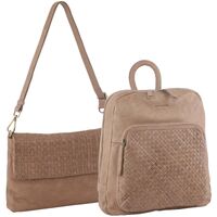 2Pc Set Pierre Cardin Women Woven Leather Flap Cross-Body Bag + Backpack - Taupe