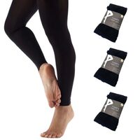 3x Women's Ladies Footless Tights Stockings Pantyhose Leg Hosiery Thermal - Black