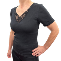 Thermo Fleece® Ladies Short Sleeve Thermal Top T Shirt w/Lace Motif - Black