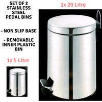 Set of 2 STAINLESS STEEL PEDAL BINS Garbage Waste Bin Kitchen Office 