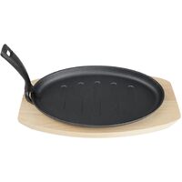 Steak Sizzle Plate Cast Iron Sizzling Platter Serving Plate Wooden Base + Handle