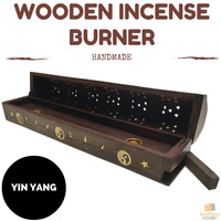 Premium WOODEN INCENSE BURNER Box Stick Hand Carved Cone Holder Brass YIN YANG