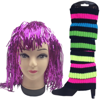 2Pcs Set Tinsel Metallic Wig + Rainbow Leg Warmers 70s Disco Costume Accessories