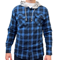 Mens Cotton Flannelette Shirt w Jersey Hood Long Sleeve Flannel - Blue