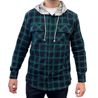 Mens Cotton Flannelette Shirt w Jersey Hood Long Sleeve Flannel - Green