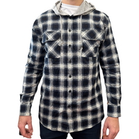 Mens Cotton Flannelette Shirt w Jersey Hood Long Sleeve Flannel - Black