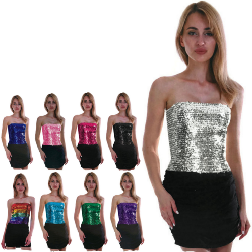 Womens SEQUIN BANDEAU CROP TOP Sparkling Sparkly Costume Tube
