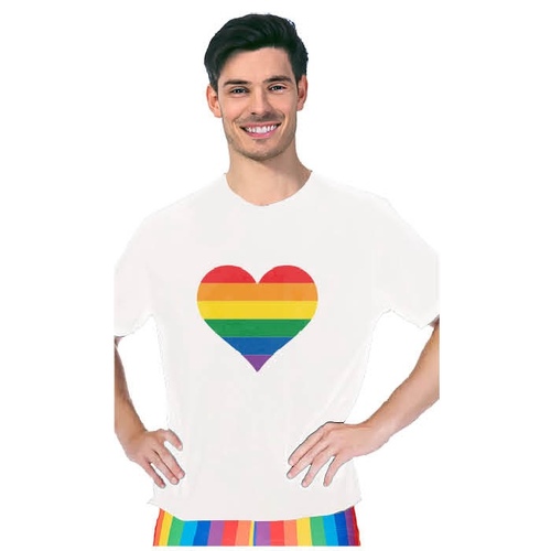 Adult Rainbow Flag T Shirt Top Tee Gay Pride LGBTQ Love Heart - White - One Size