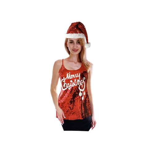 Womens Merry Christmas Sequin Singlet Camisole Cami Costume Party Xmas