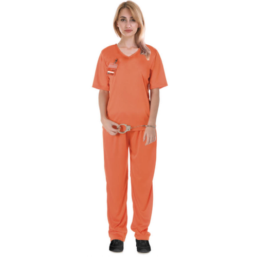 Adult Womens Orange Prisoner Lady Costume Convict Jail Halloween Dress Up Hens