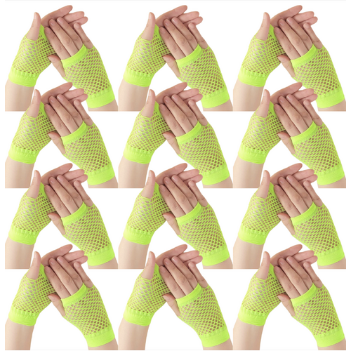 12 Pair Fishnet Gloves Fingerless Wrist Length 70s 80s Costume Party - Fluro Yellow