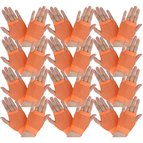 12 Pair Fishnet Gloves Fingerless Wrist Length 70s 80s Costume Party - Orange