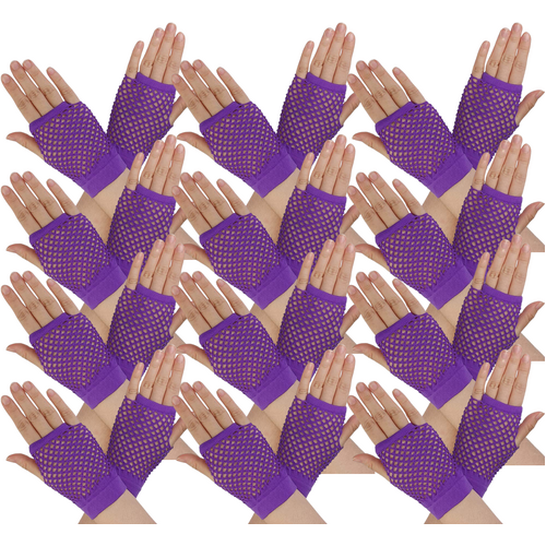 12 Pair Fishnet Gloves Fingerless Wrist Length 70s 80s Costume Party - Purple