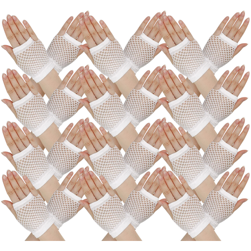 12 Pair Fishnet Gloves Fingerless Wrist Length 70s 80s Costume Party - White