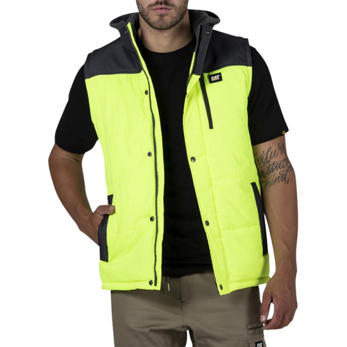 Caterpillar Hi-Vis Hooded Mens Work Vest Jacket - Water Resistant - Yellow