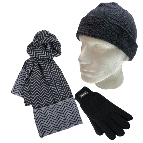 3pc Set Mens Charcoal 100% Pure Wool Fine Knit Beanie Hat Dents Knit Scarf Thinsulate Gloves