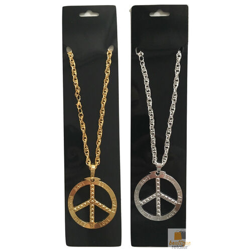 PEACE Sign Metal Necklace Chain Hippie Costume Party Pendant Chain Jewellery 70s 60s