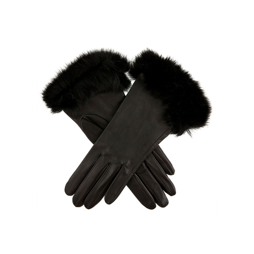 Dents Womens Silk Lined Leather Gloves with Fur Cuffs - Black/Rose
