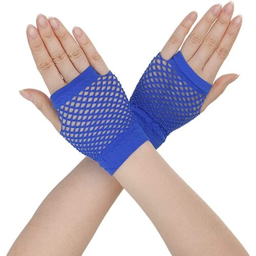 1 Pair Fishnet Gloves Fingerless Wrist Length 70s 80s Costume Party Dance - Blue