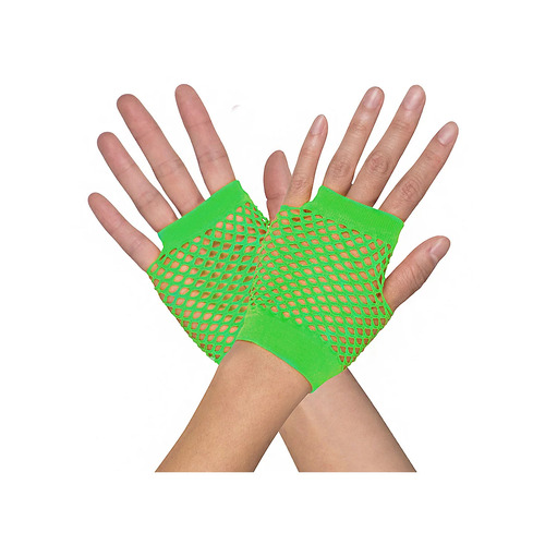 1 Pair Fishnet Gloves Fingerless Wrist Length 70s 80s Costume Party - Neon Green