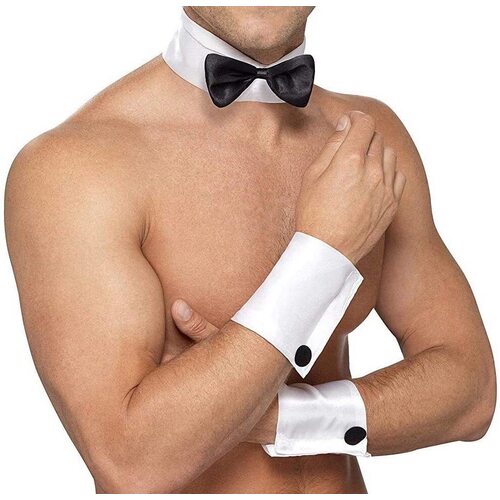 Male Stripper Set Costume Cuffs Collar & Bow Tie Waiter Fun Kit Fancy Dress