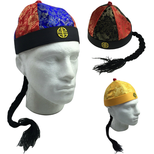 CHINESE LANDLORD HAT Oriental Asian Cap w Ponytail Party Costume Traditional