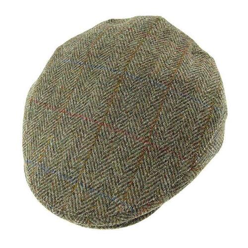 HARRIS TWEED Flat Hat Wool Country Driving Fishing Cap Linney - Green Herringbone