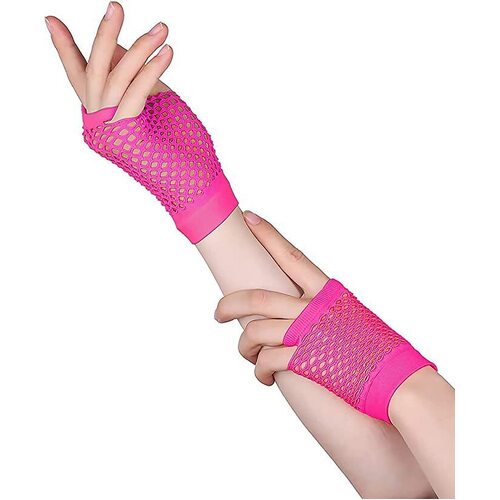 24 Pair Fishnet Gloves Fingerless Wrist Length 70s 80s Costume Party - Hot Pink