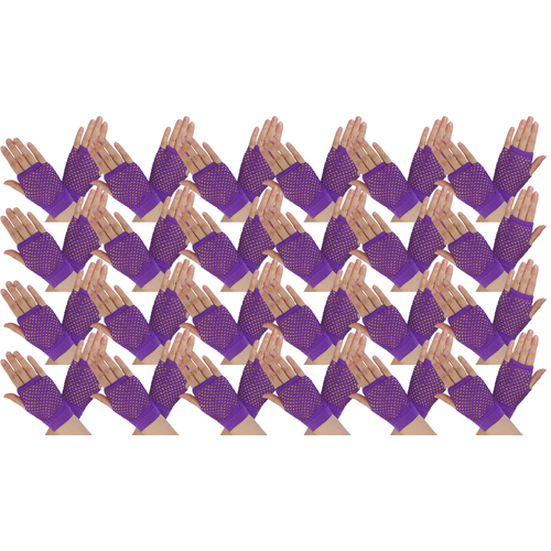 24 Pair Fishnet Gloves Fingerless Wrist Length 70s 80s Costume Party - Purple