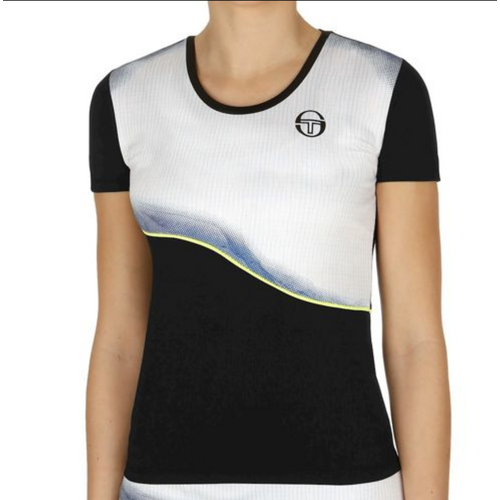 Sergio Tacchini Womens Grid Coast Short Sleeve T-Shirt Tennis Sport - Black/White/Yellow